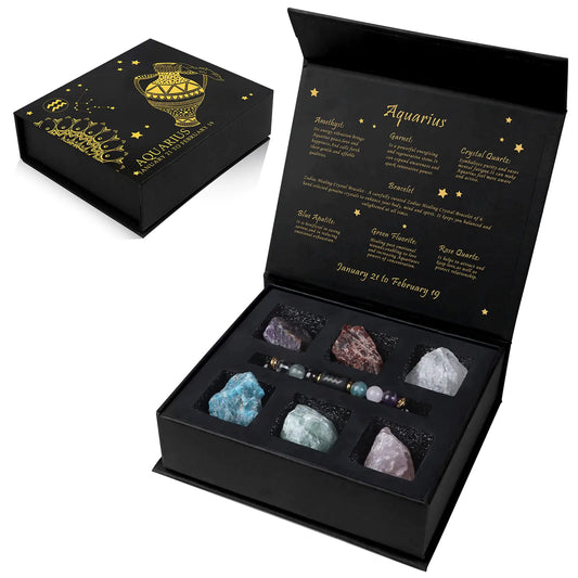 Aquarius Zodiac Crystal & Bracelet Gift Set with Birthstones & Horoscope Box